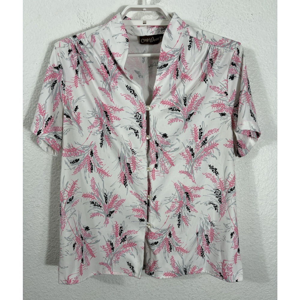 Vintage 80s Top Size‎ M Pink Floral Short Sleeve Polyester Button Up
